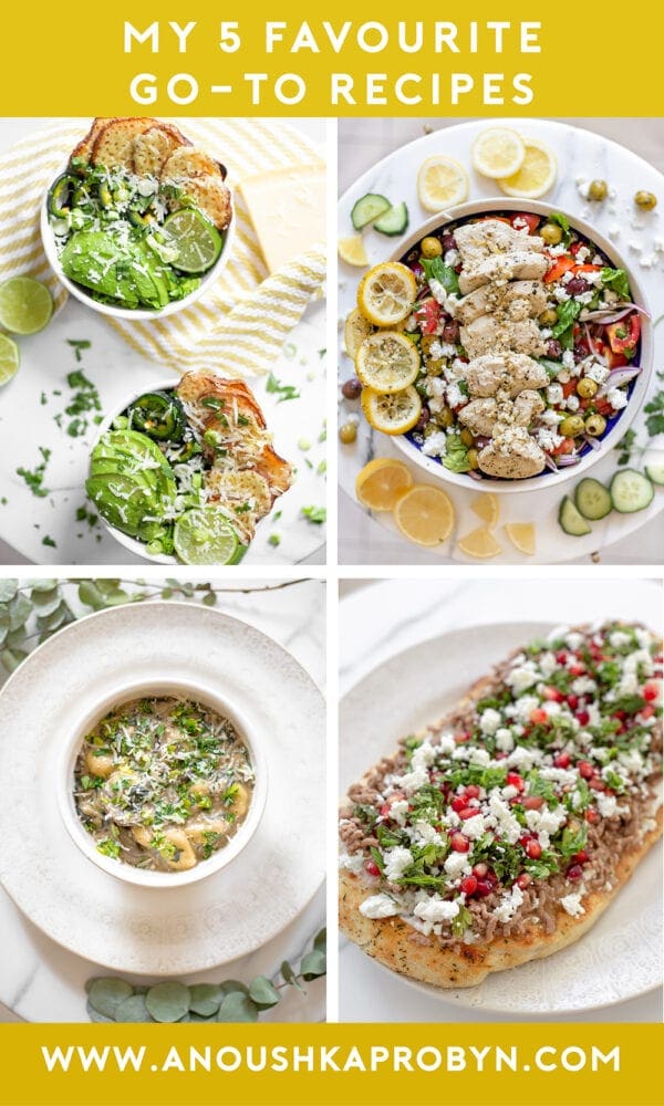 Go-to Recipes Spinach and Mushroom Gnocchi, Sweet Potato Enchiladas, Loaded Nacho Bowls, Lamb Flatbread, Greek Chicken Salad Anoushka Probyn UK Blogger