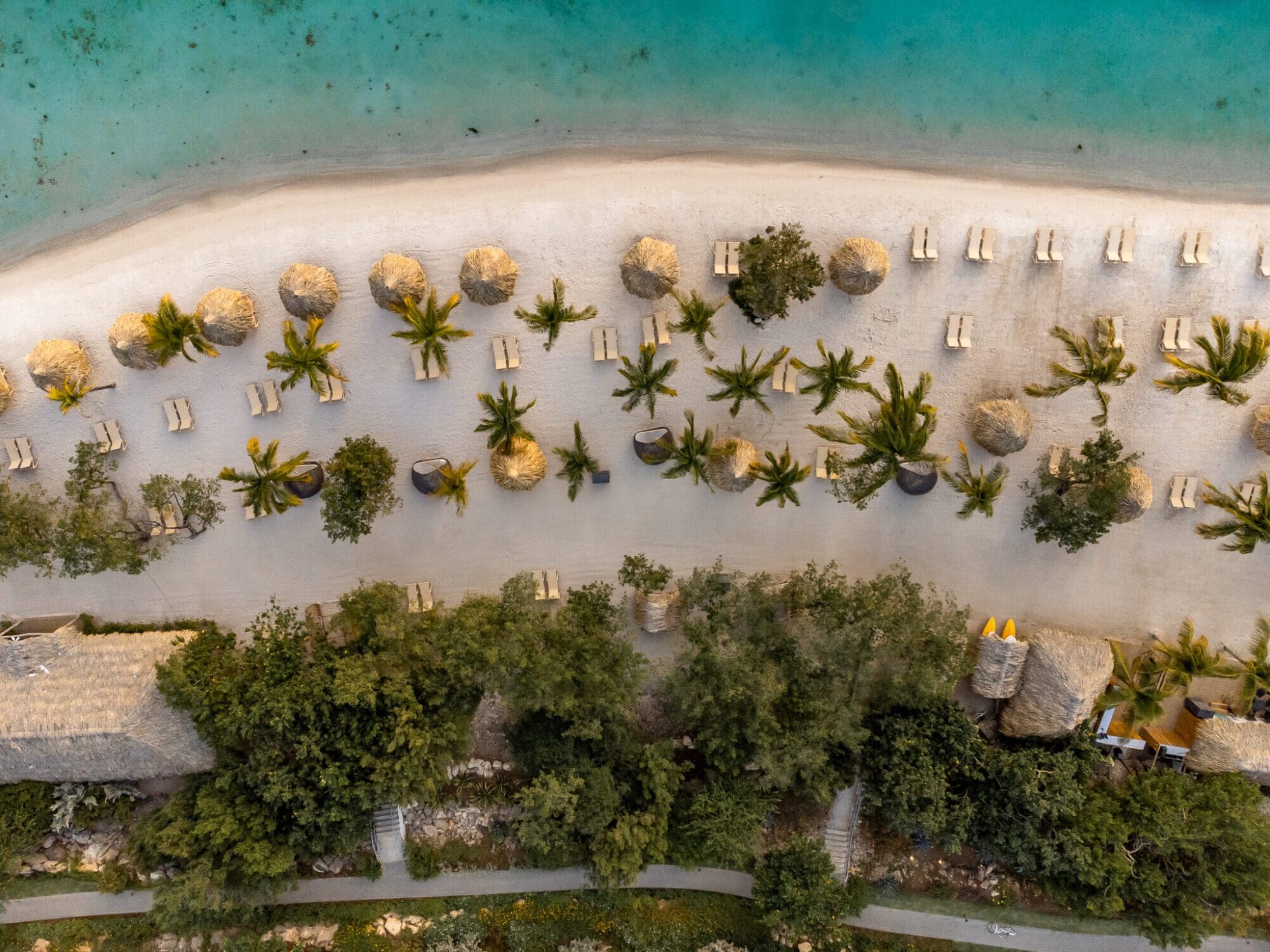 Aerial Drone photograph of the turquoise blue water, beach huts, and palm trees on the beach at Caribbean resort Sandals Royal Curacao