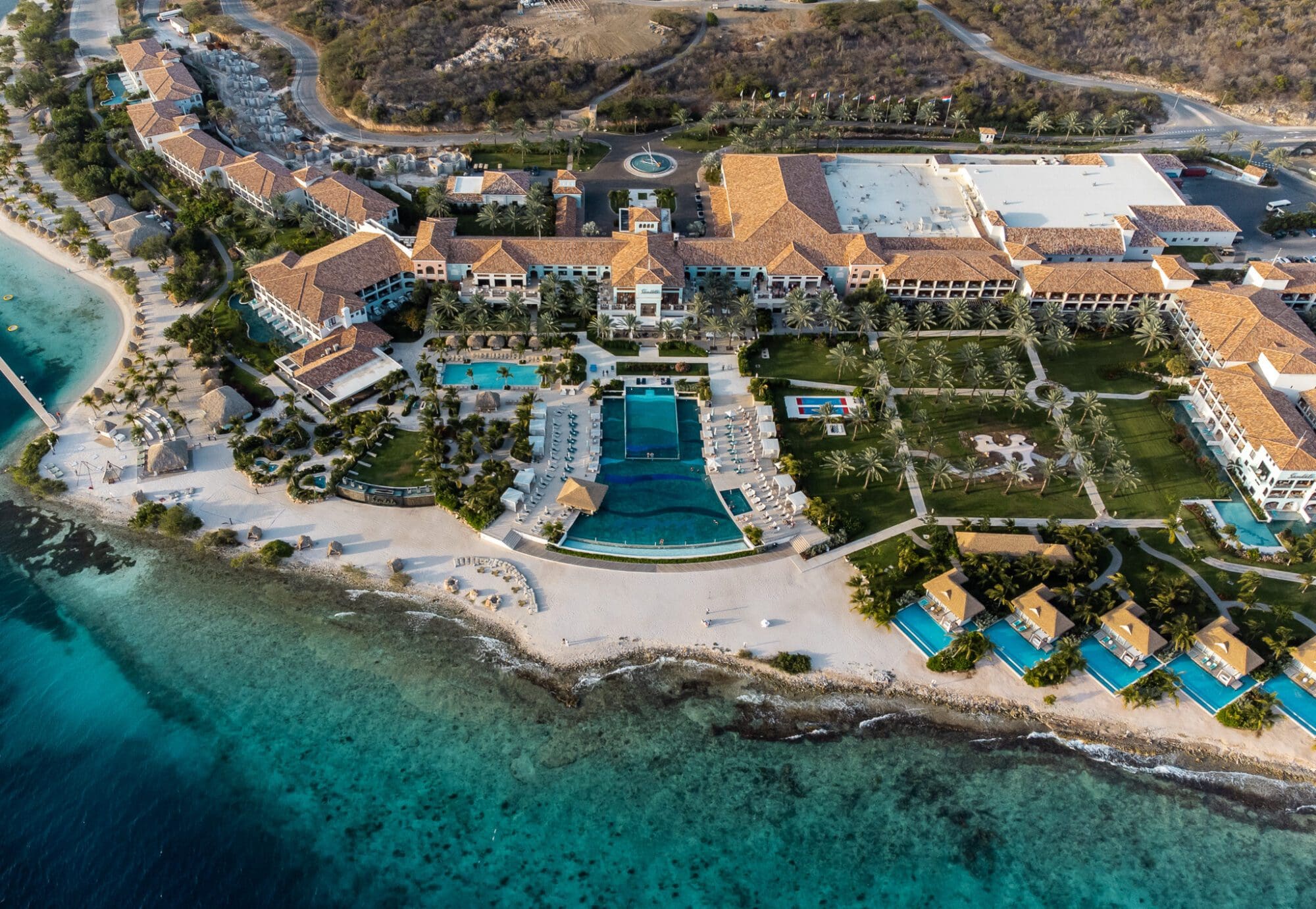 An ariel photograph of Sandals Royal Curacao, an all inclusive resort in the Caribbean.