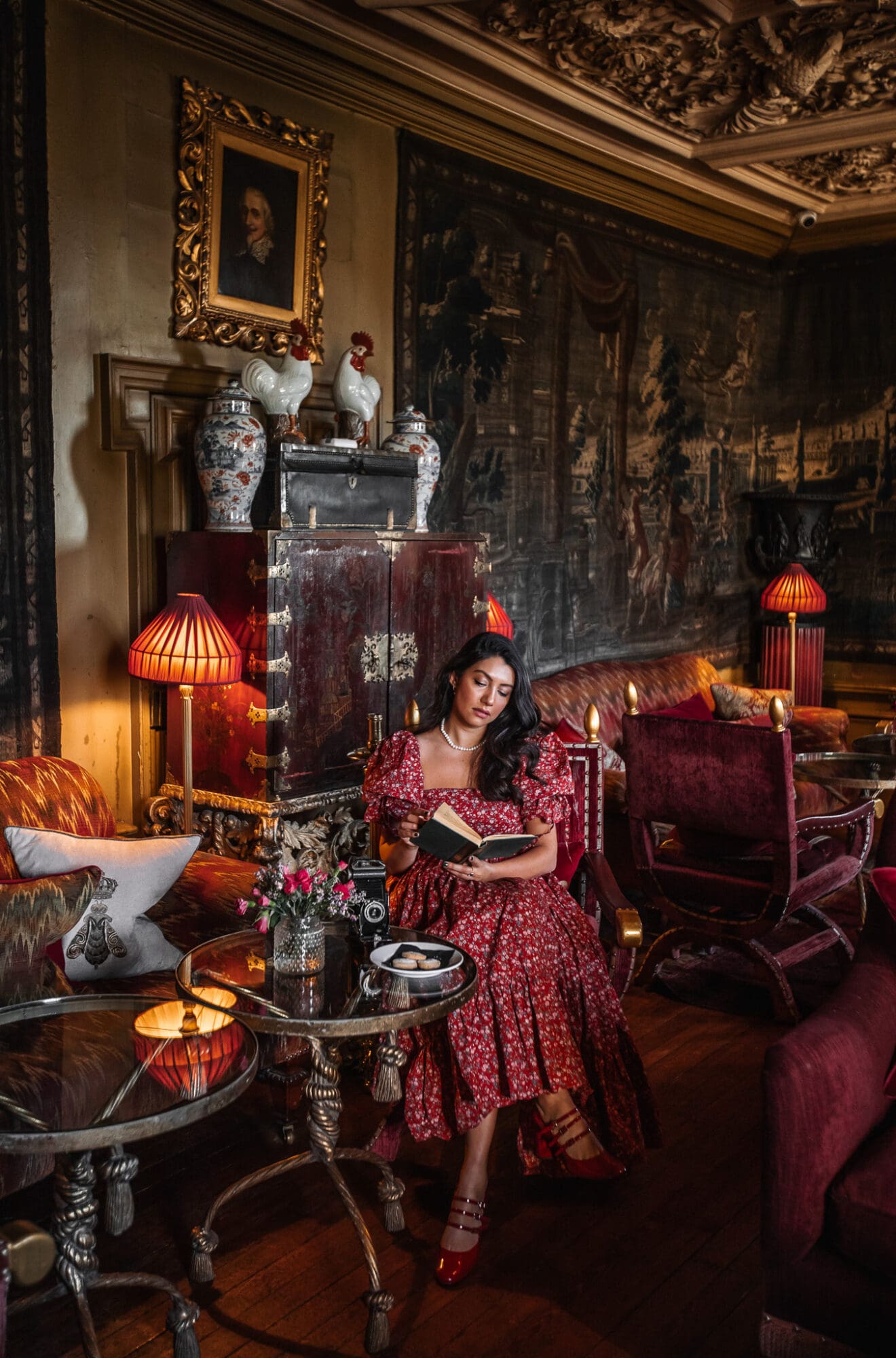 Reading in the tapestry room at Prestonfield House hotel in Edinburgh