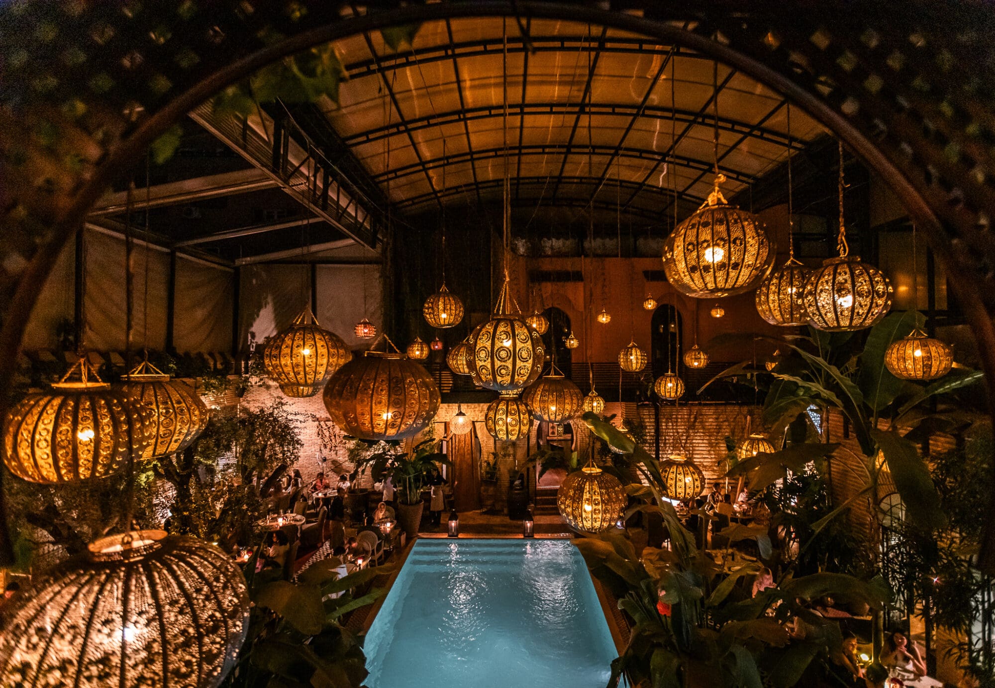 La Trattoria Italian Restaurant Marrakech Morocco Lanterns over the pool