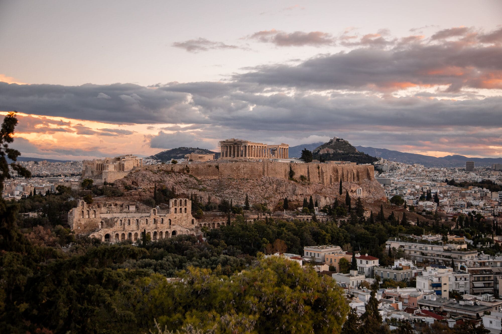 Filopappou Viewing Podium at Sunrise view over the acropolis Athens