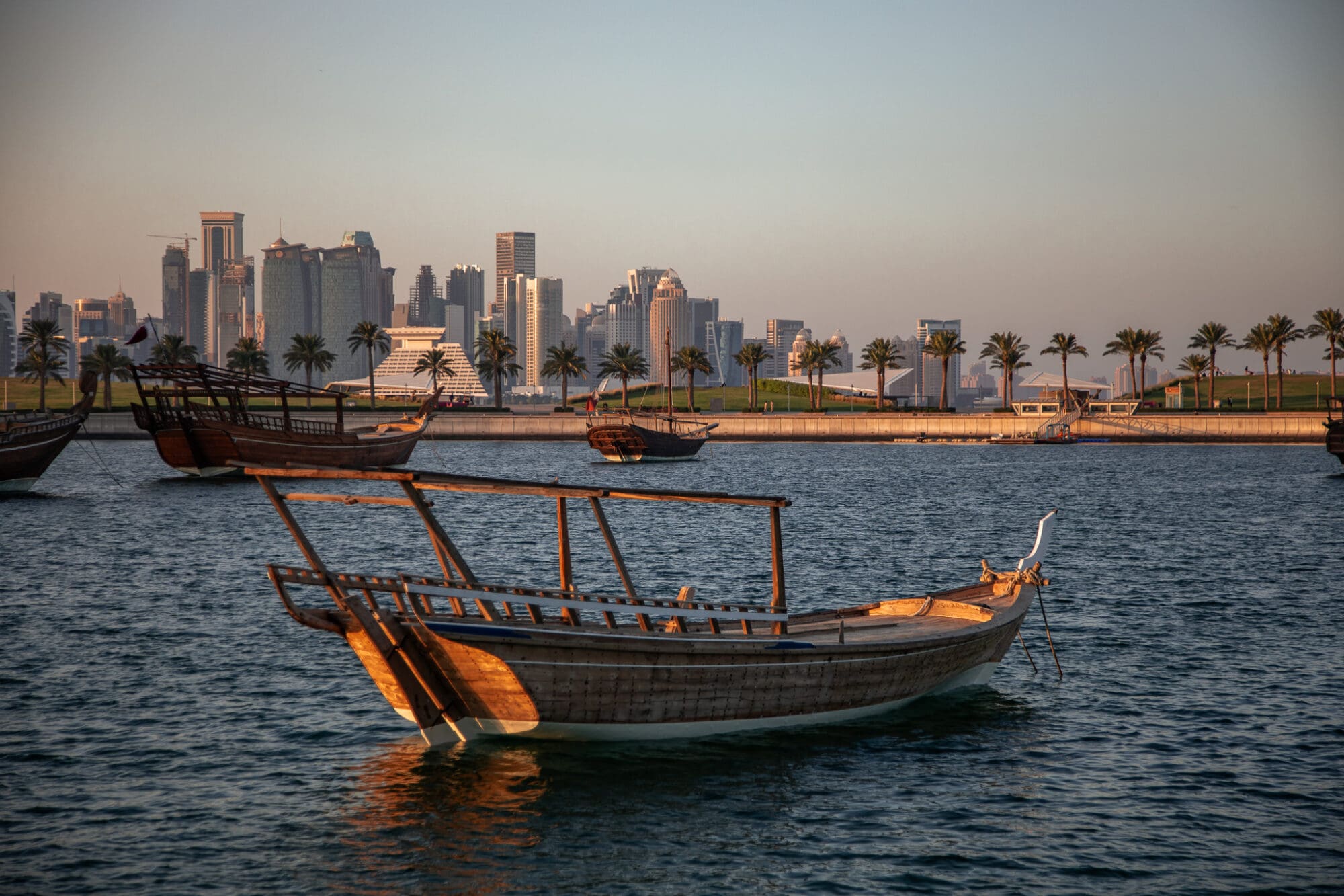 Golden Hour in Doha Qatar Corniche view of Dhow Cruise Boat