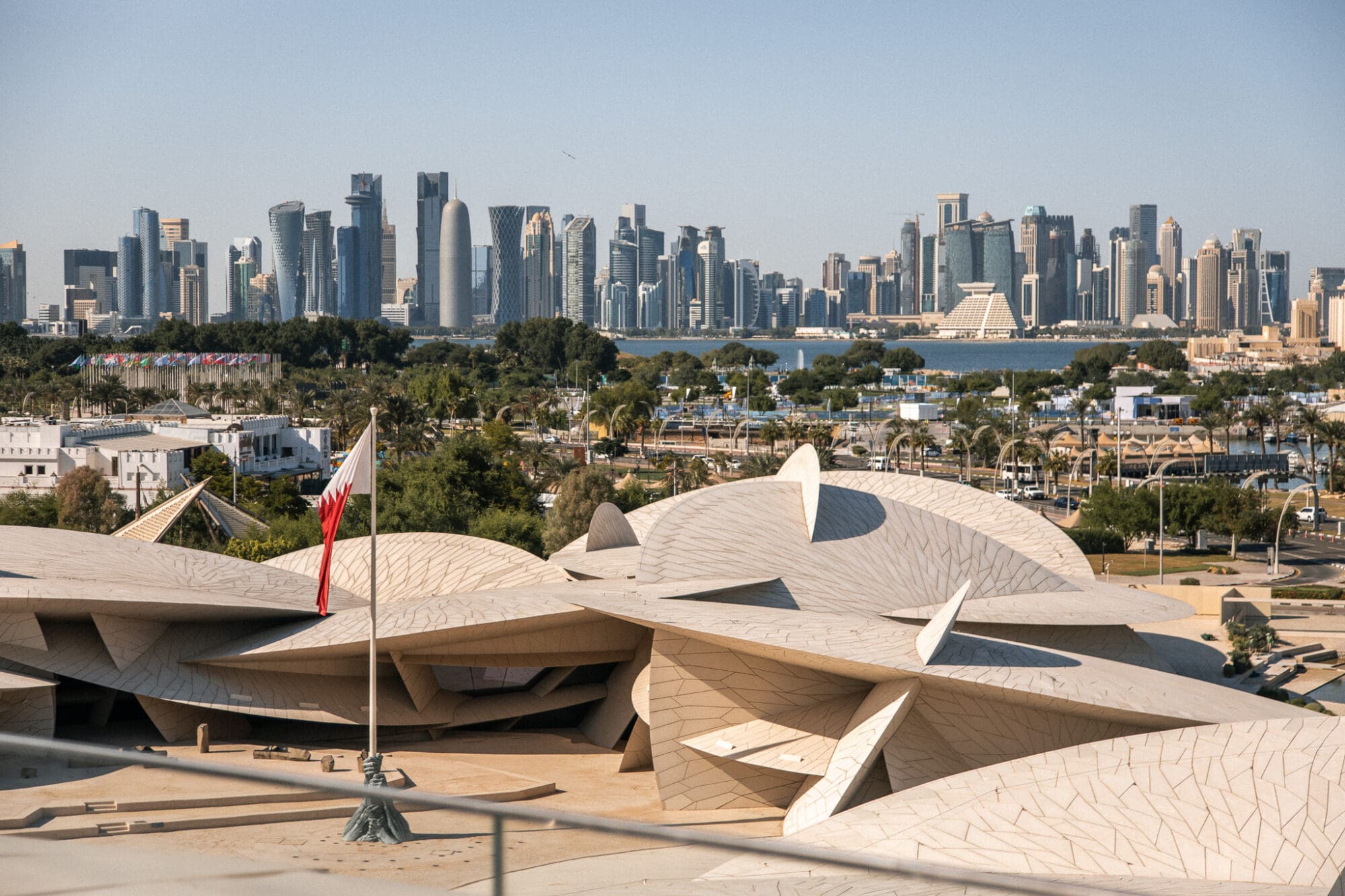 View from Jiwan Restaurant at the National Museum of Qatar overlooking the Doha Skyline