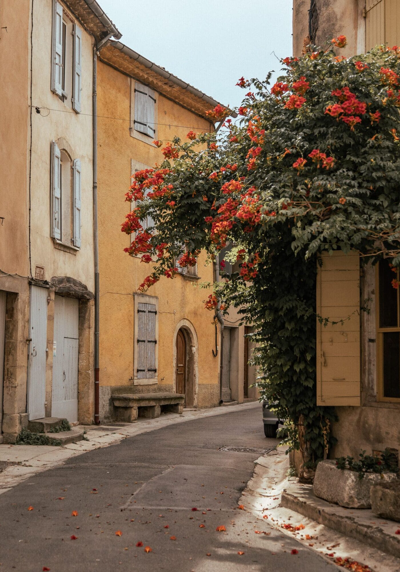 Quiet flower filled street in Loumarin Provence Towns