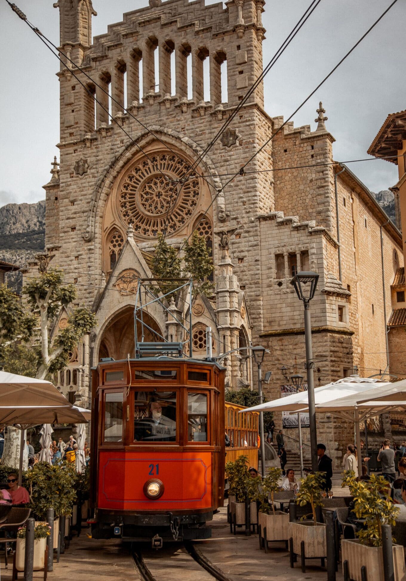 Tram in Soller outside the Cathedral - Day trips from palma de Mallorca